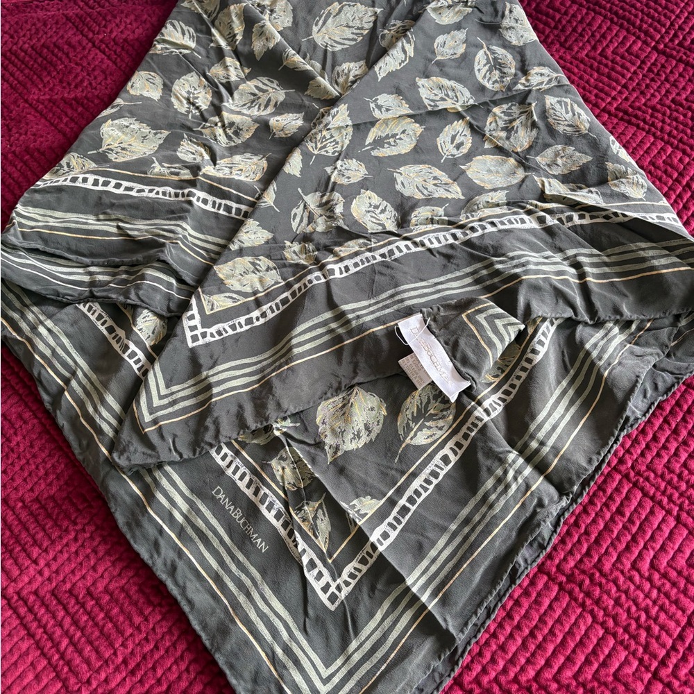 100% silk Dana Buchman 41” Olive Leaf Print Scarf